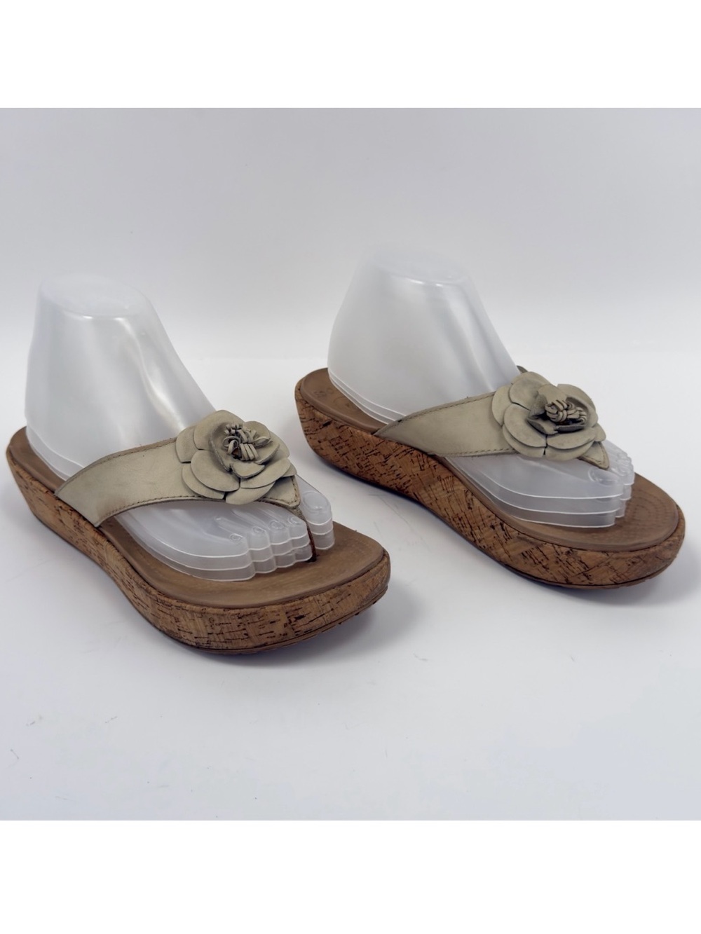 Crocs A-Leigh Flower Leather Cork Wedge Flip Flop Sandals Women's 11 Beige